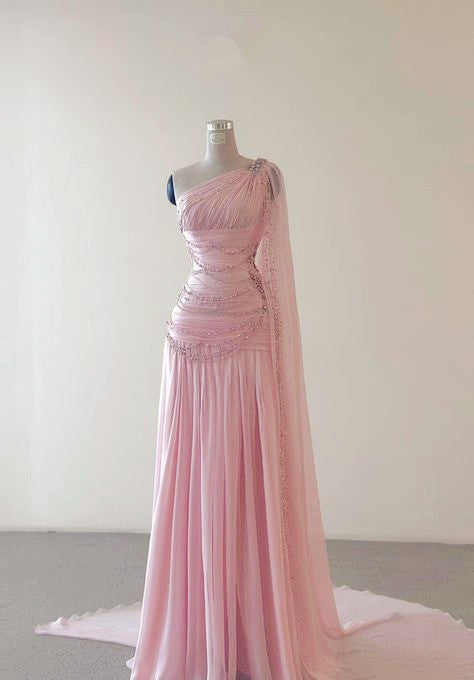 Classy A Line One Shoulder Pink Chiffon Evening Gown Prom Dresses