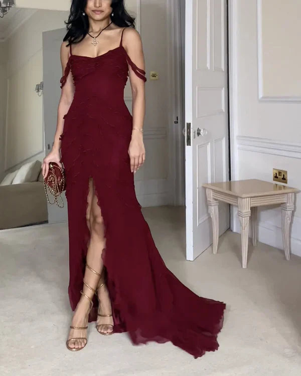 Pretty Mermaid Off The Shoulder Burgundy Slit Long Prom Dresses Formal Evening Dress
