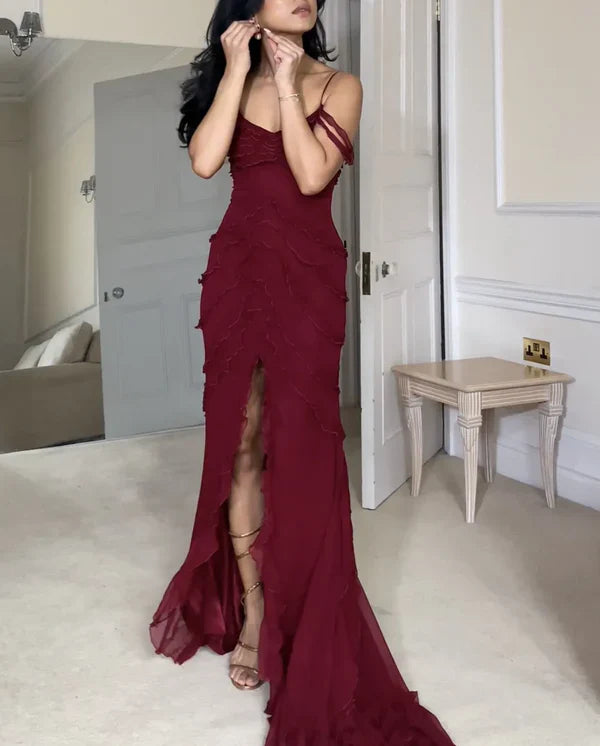 Pretty Mermaid Off The Shoulder Burgundy Slit Long Prom Dresses Formal Evening Dress