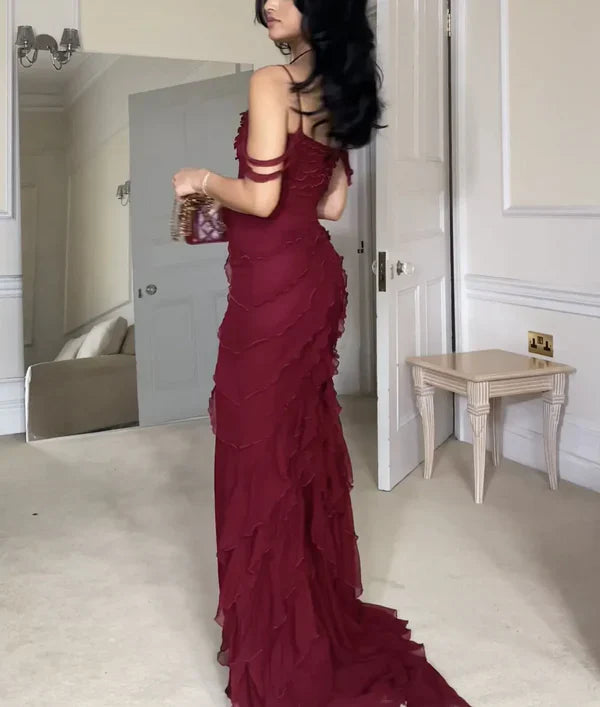 Pretty Mermaid Off The Shoulder Burgundy Slit Long Prom Dresses Formal Evening Dress