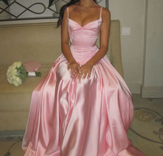 Elegant A Line Spaghetti Straps Floor-length Satin Long Pink Evening Dress Prom Dresses