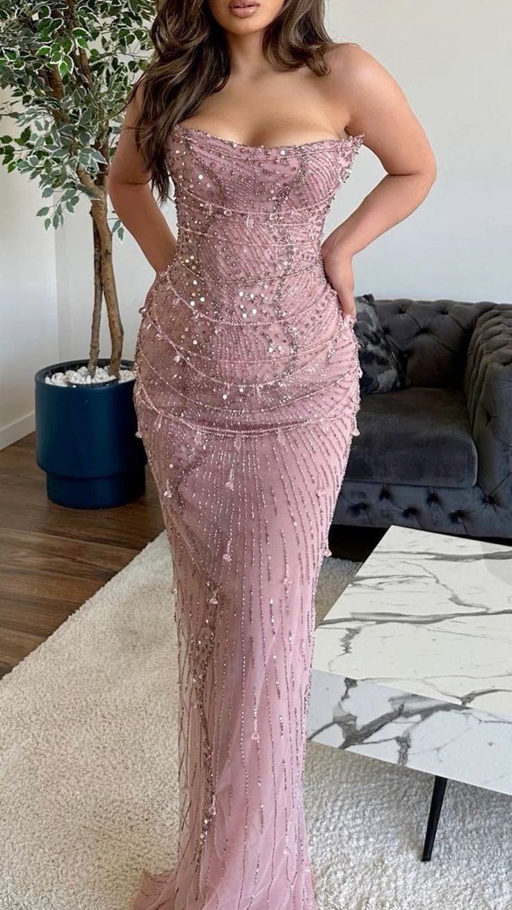 Classy Mermaid Strapless Tulle Pink Long Evening Dress Prom Dresses With Beads