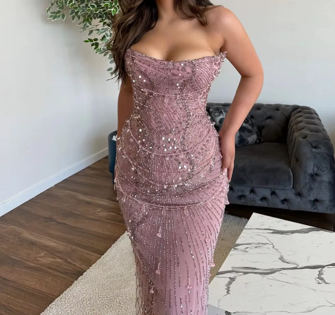 Classy Mermaid Strapless Tulle Pink Long Evening Dress Prom Dresses With Beads