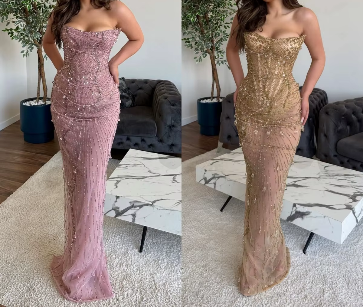 Classy Mermaid Strapless Tulle Pink Long Evening Dress Prom Dresses With Beads