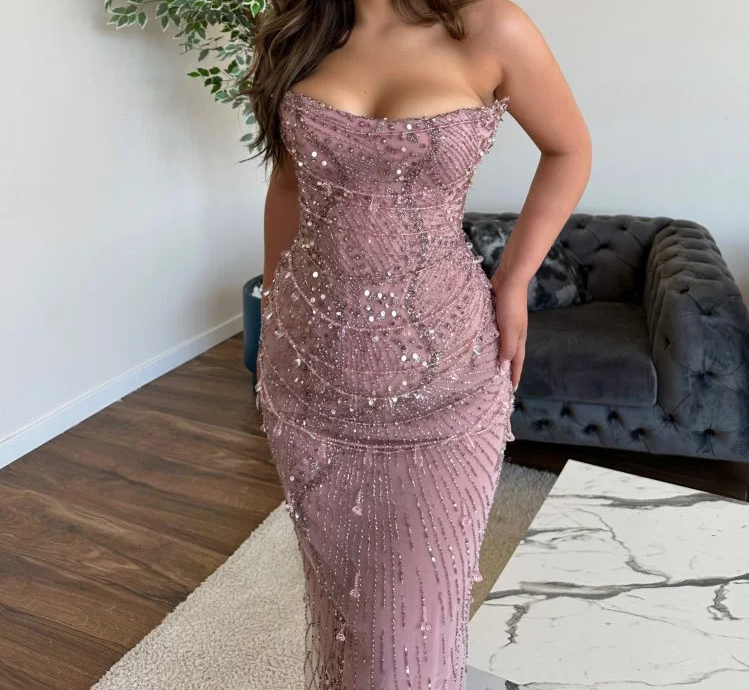 Classy Mermaid Strapless Tulle Pink Long Evening Dress Prom Dresses With Beads