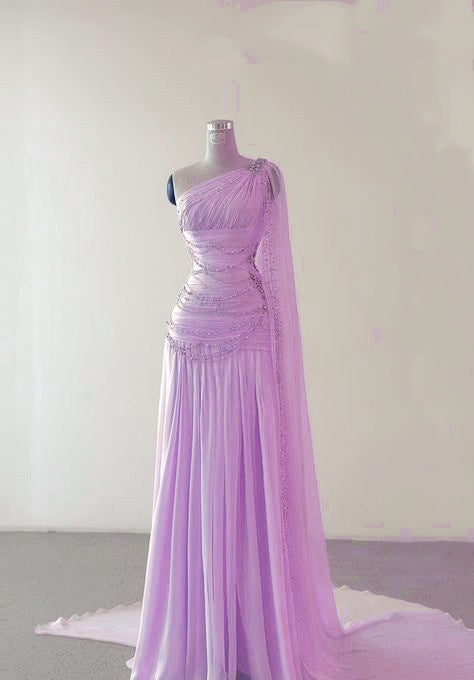 Classy A Line One Shoulder Pink Chiffon Evening Gown Prom Dresses