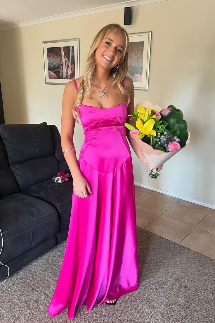 Pretty A Line Spaghetti Straps Hot Pink Long Satin Prom Dresses Formal Evening Dress