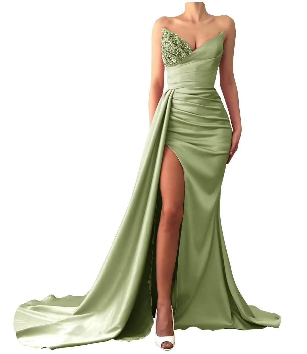 V-Neck Sleeveless Sequins Ruched High Slit Prom Dress