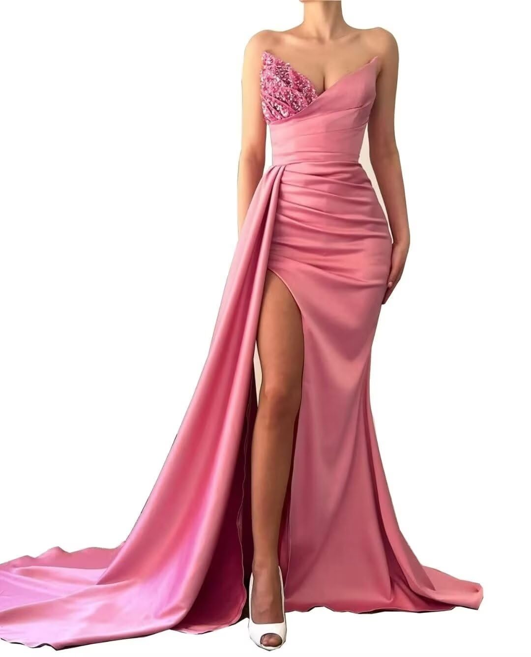 V-Neck Sleeveless Sequins Ruched High Slit Prom Dress