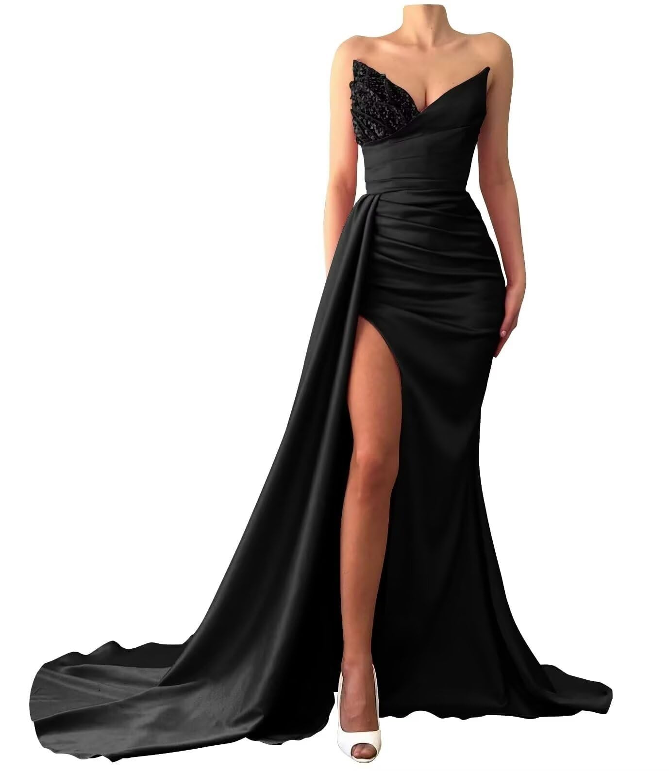 V-Neck Sleeveless Sequins Ruched High Slit Prom Dress