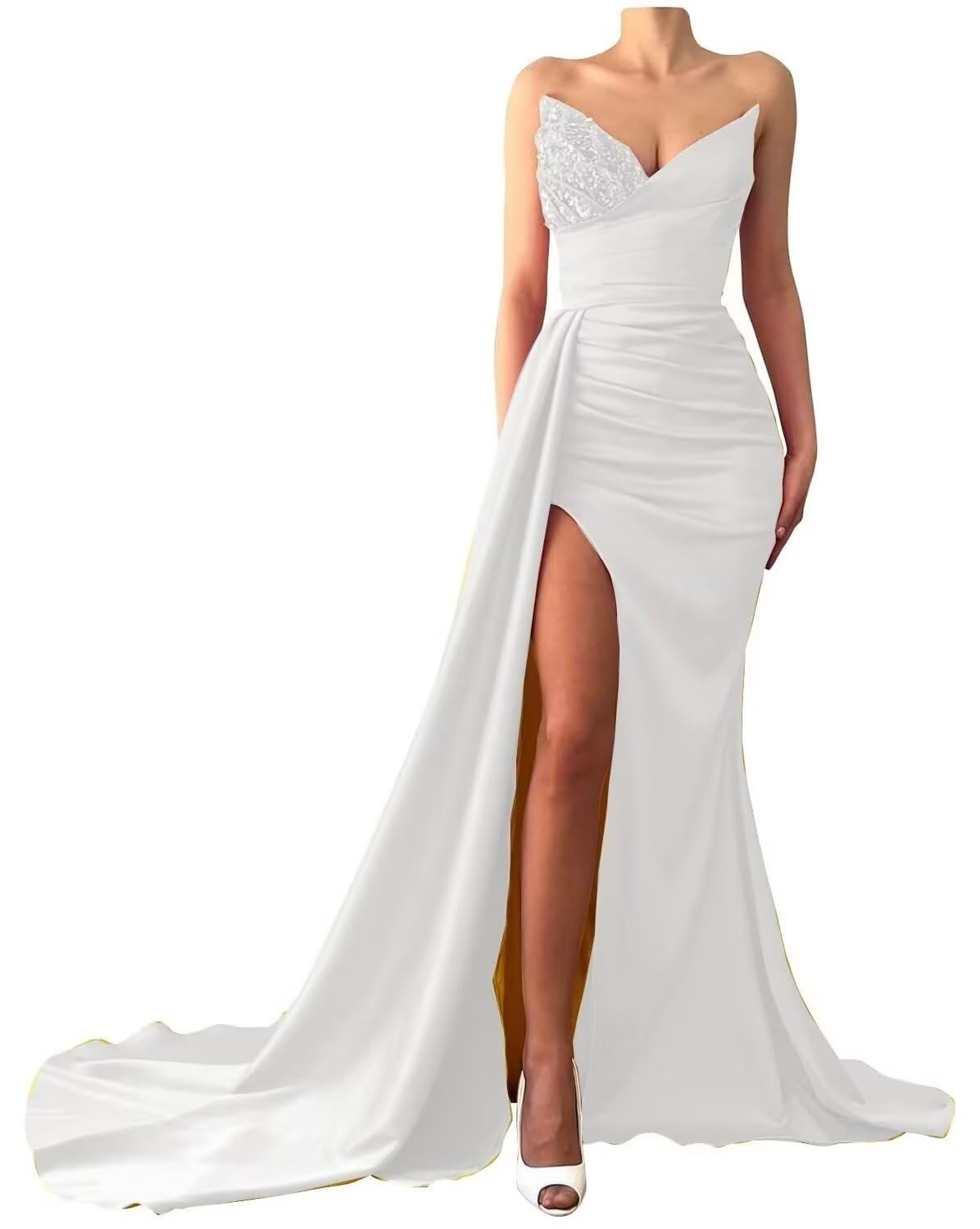 V-Neck Sleeveless Sequins Ruched High Slit Prom Dress