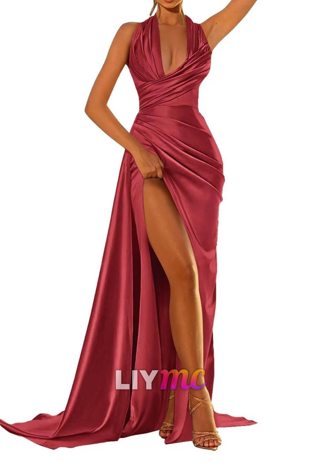 V-Neck Sleeveless Ruched High Slit Sheath Prom Dress
