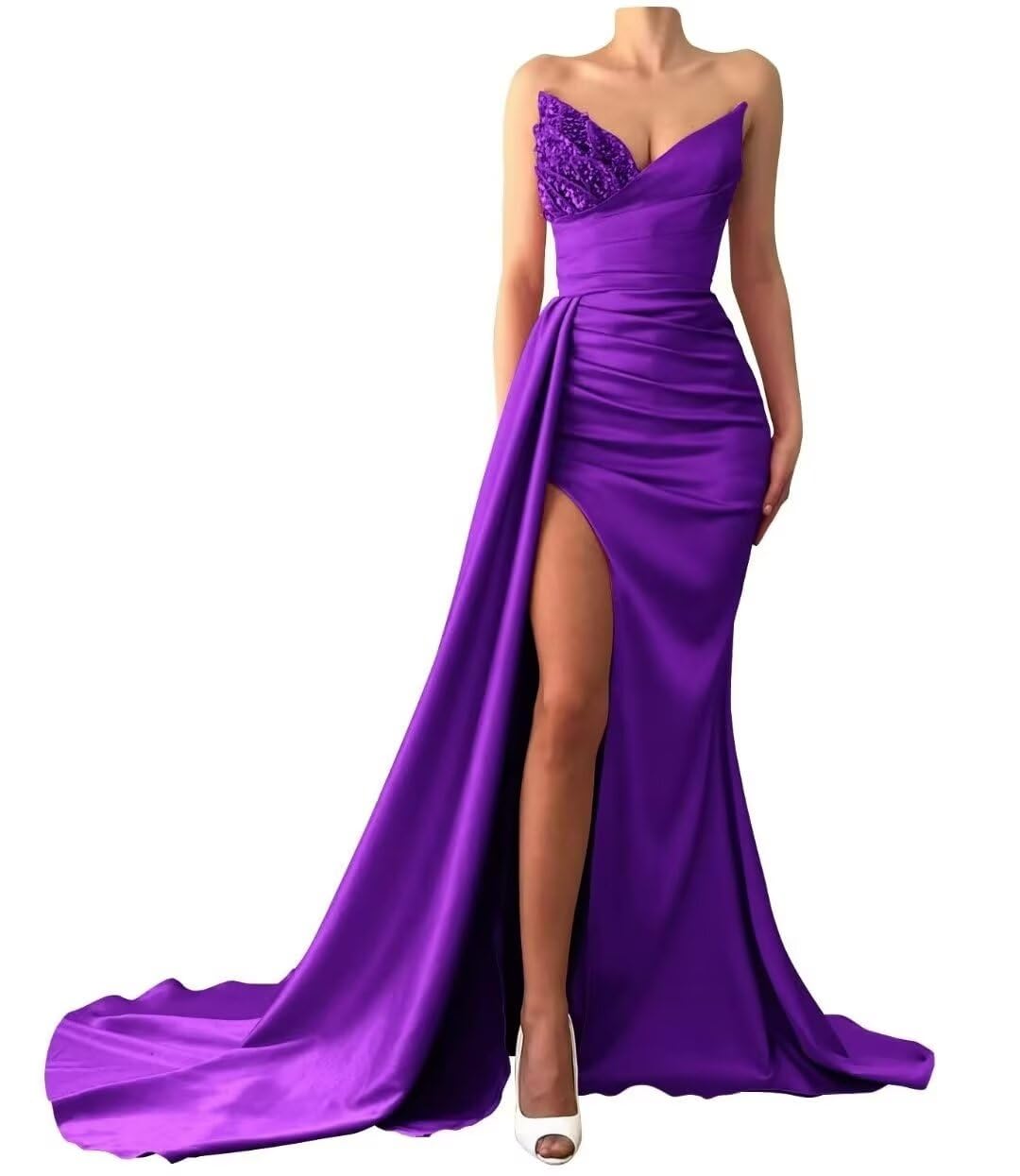 V-Neck Sleeveless Sequins Ruched High Slit Prom Dress
