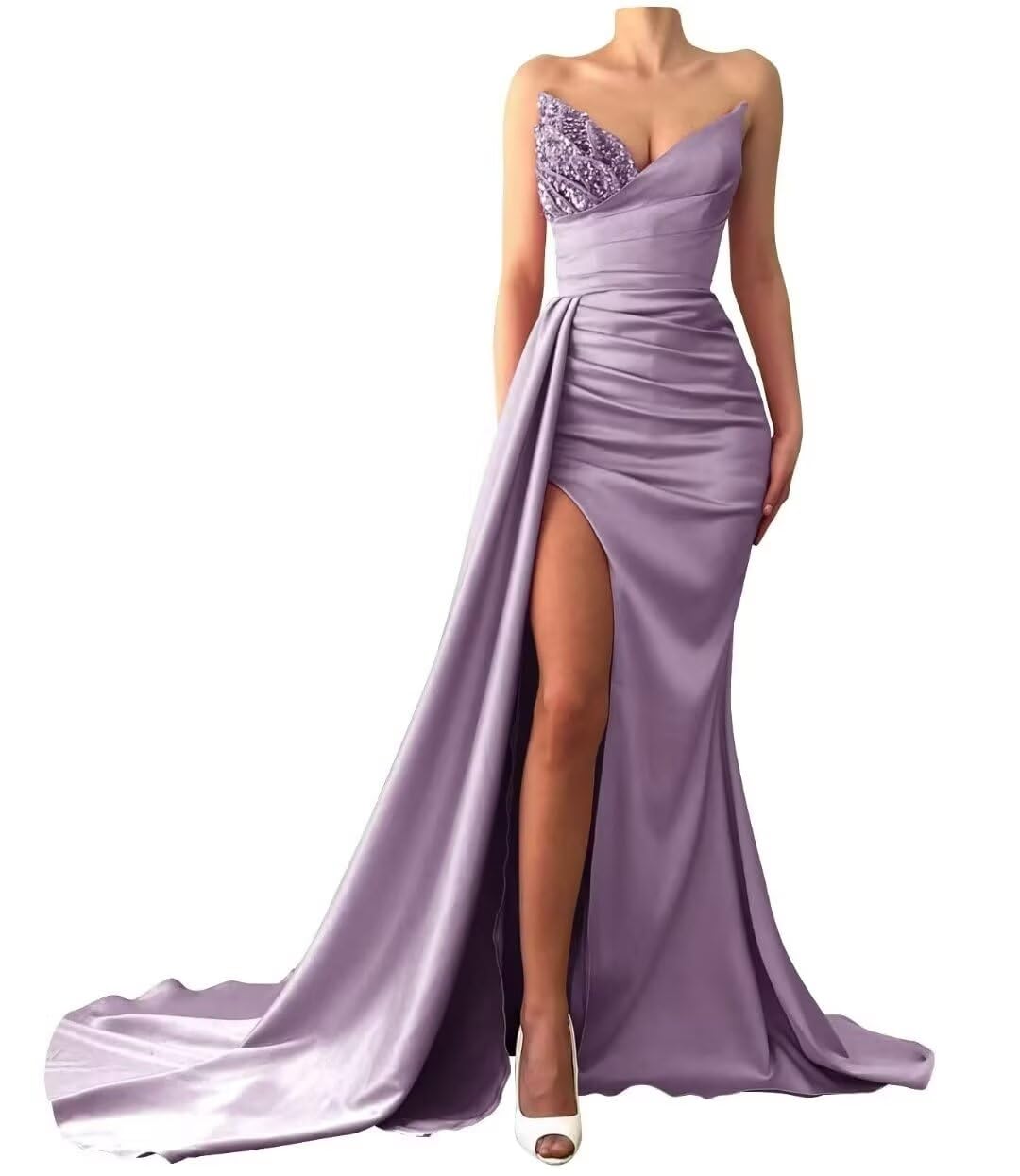 V-Neck Sleeveless Sequins Ruched High Slit Prom Dress