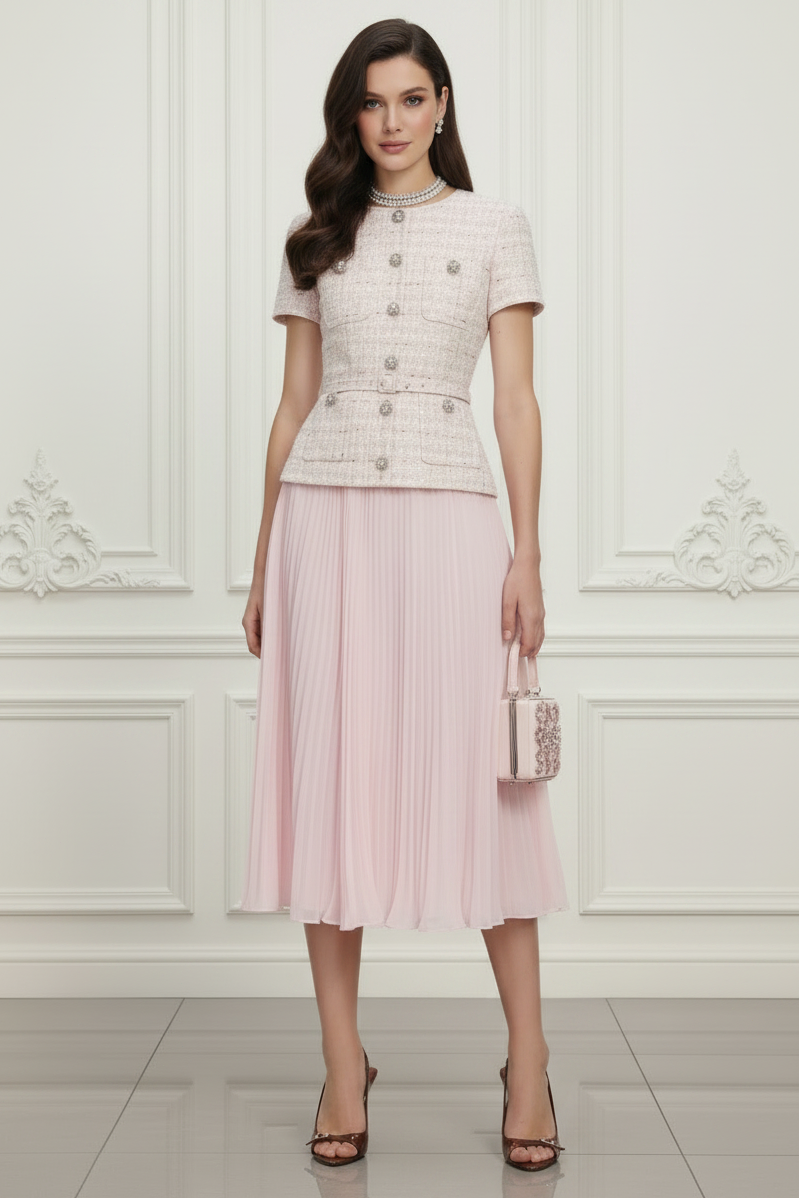 Cocktail Dress Pink Sequin Boucle Tailored Midi Dress