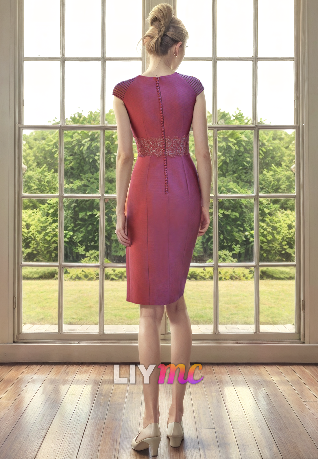 V-Neck Cap Sleeves Rufflede Sheath Sleek Satin Mother of Bride Dress Cocktail Dress