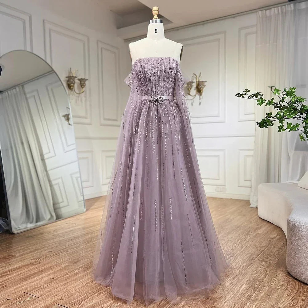 Luxury Black A Line Beaded Evening Dress with Cape Sleeves