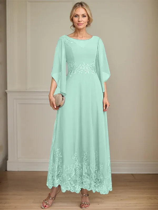 A-line Scoop Illusion Ankle-Length Lace Chiffon Mother of the Bride Dress With Sequins