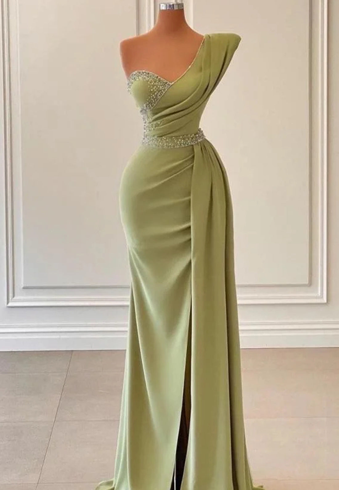 Sage One-Shoulder Split Mermaid Prom Dress With Beadings