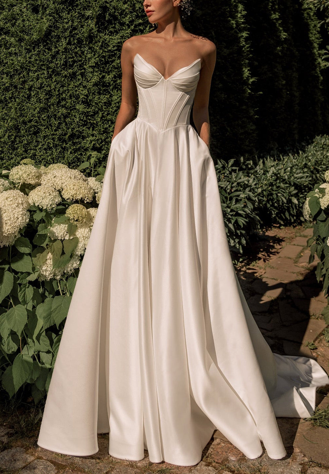 A-Line Strapless Sleeveless Satin Pleated Wedding Dress