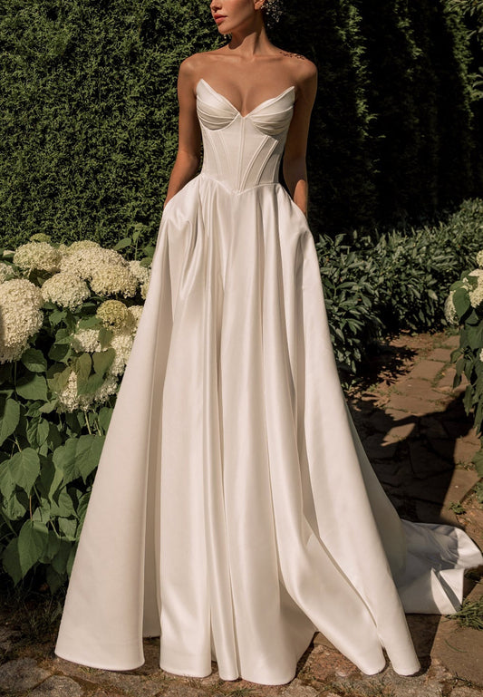 A-Line Strapless Sleeveless Satin Pleated Wedding Dress