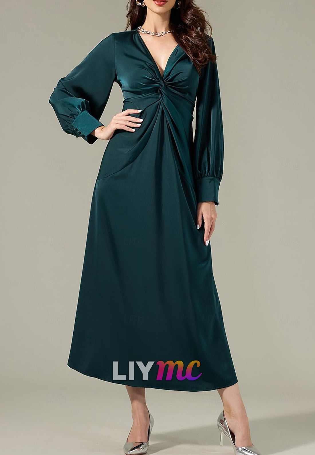 Satin Dark Green Twist Elegant Fashion Maxi Party Dress