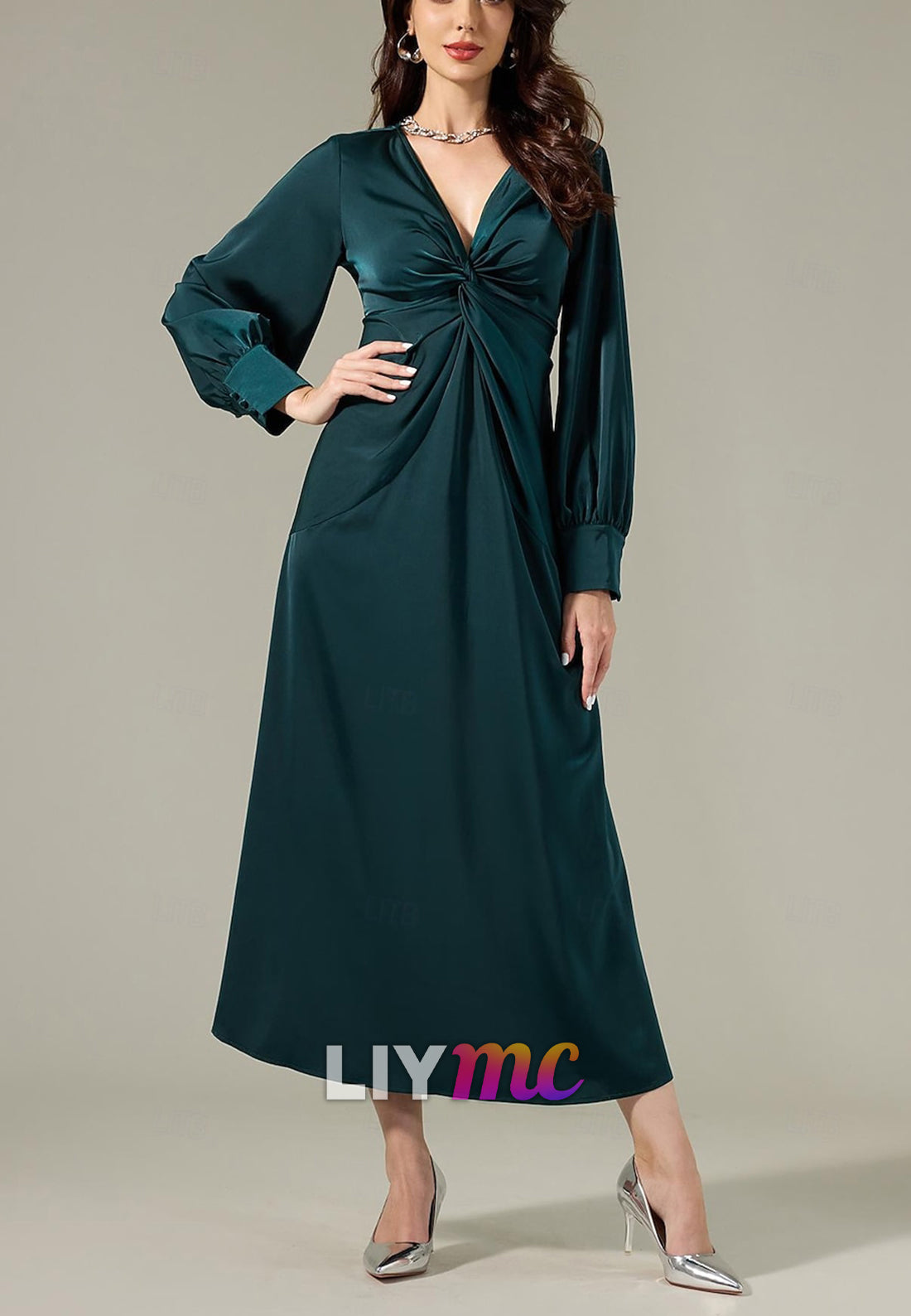 Satin Dark Green Twist Elegant Fashion Maxi Party Dress