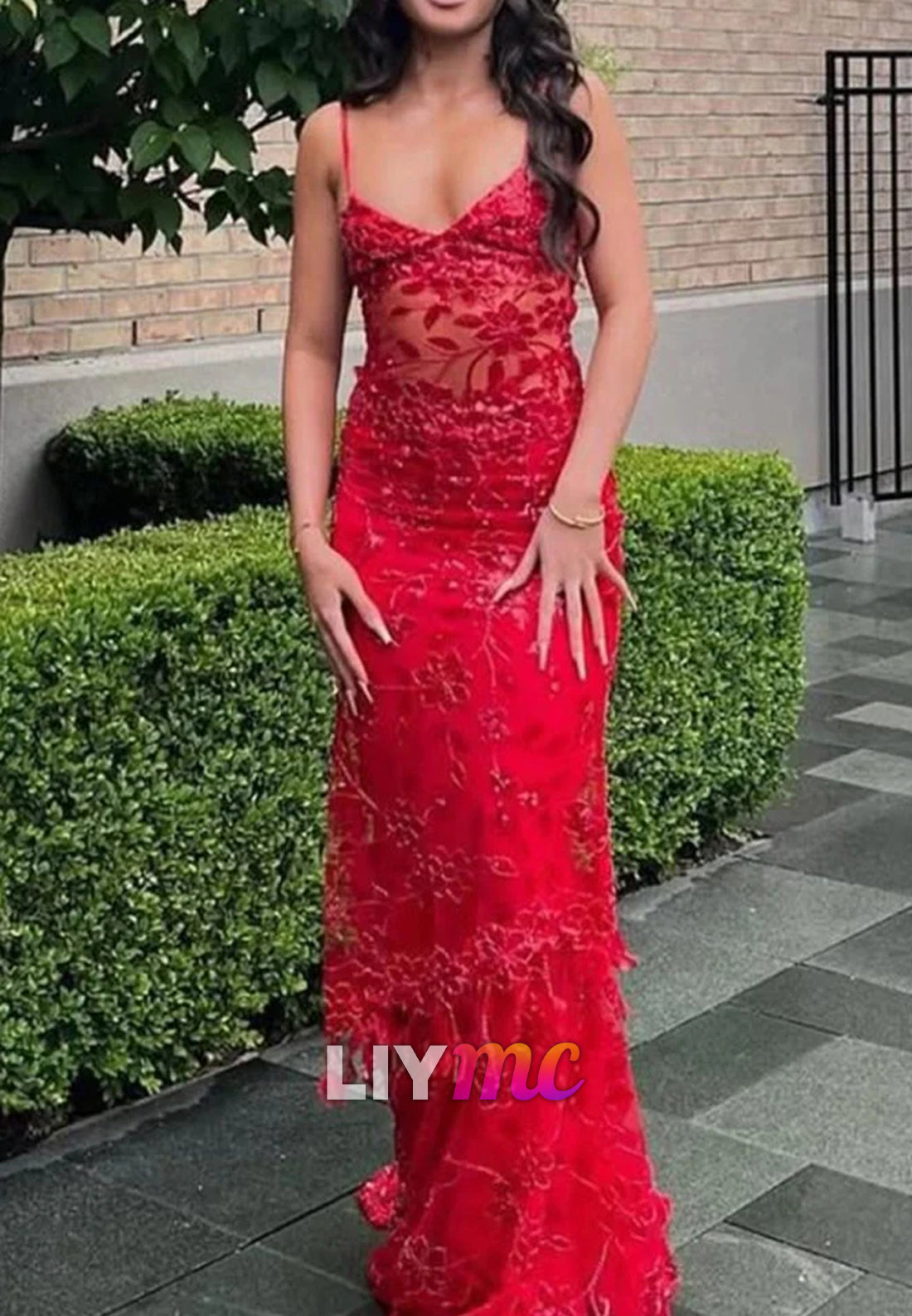 Spaghetti Straps Mermaid Sequined Lace Long Formal Prom Dresses