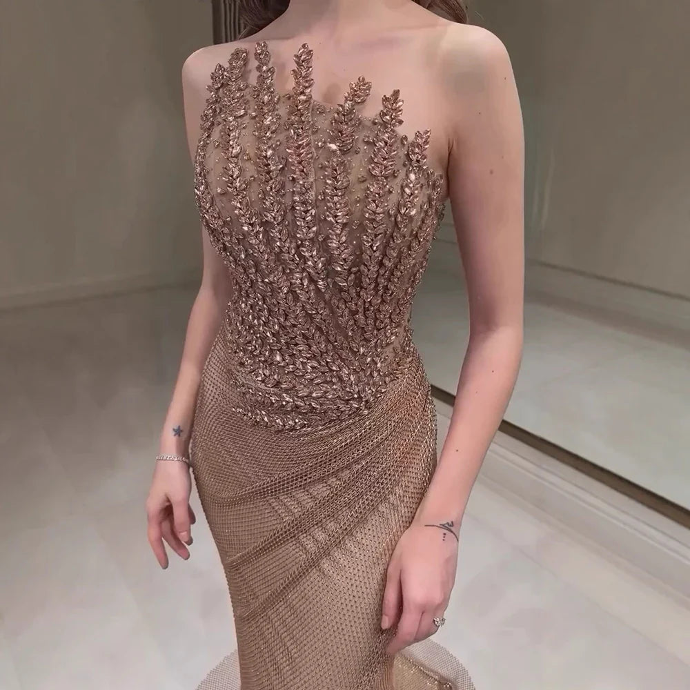 Luxury Caramel Mermaid Evening Dress Split