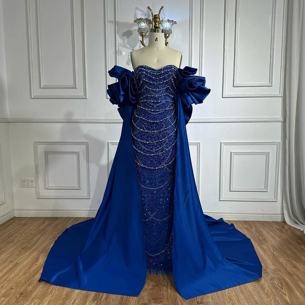 Red Long Cape Pearls Beaded Mermaid Evening Dress Gown