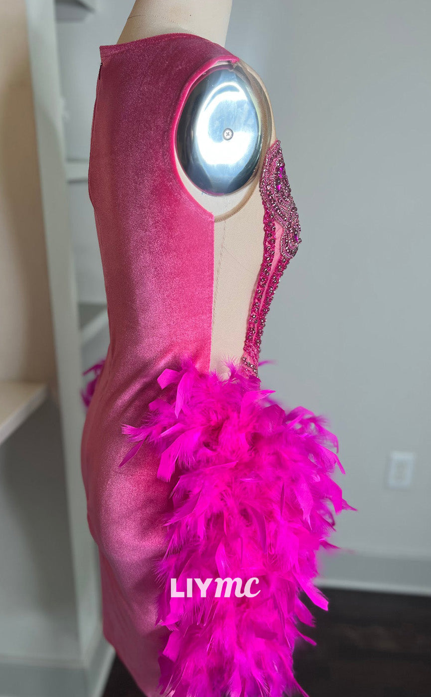 LY307 - Scoop Appliques Beaded Feathered Short Homecoming Dress for Black Girls