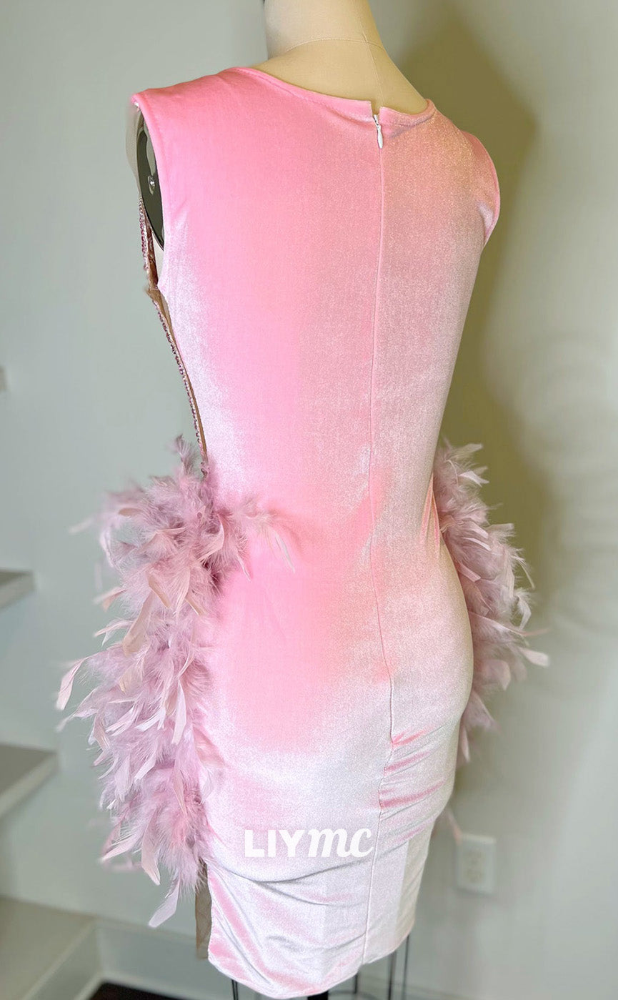 LY307 - Scoop Appliques Beaded Feathered Short Homecoming Dress for Black Girls