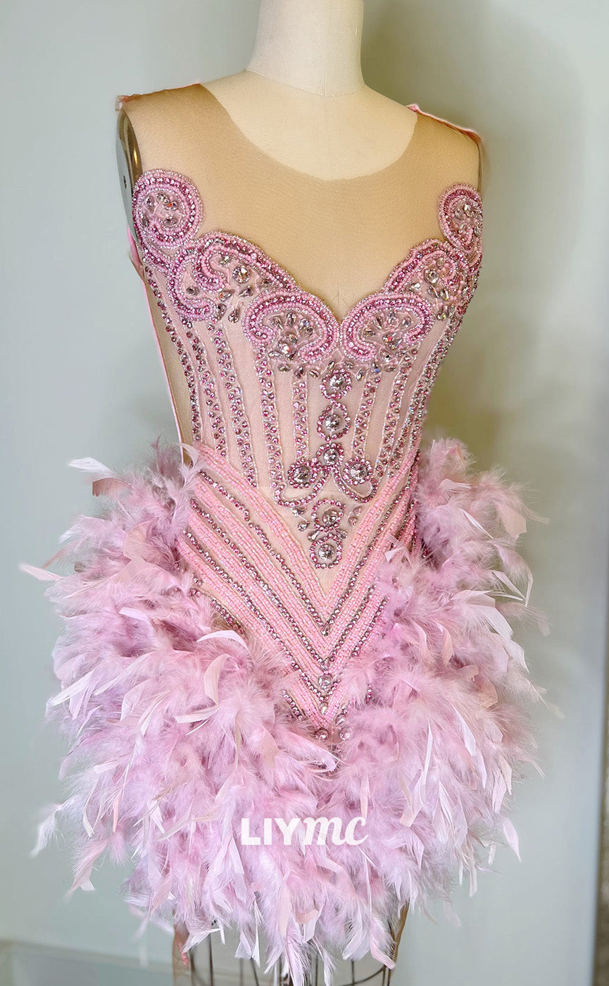 LY307 - Scoop Appliques Beaded Feathered Short Homecoming Dress for Black Girls