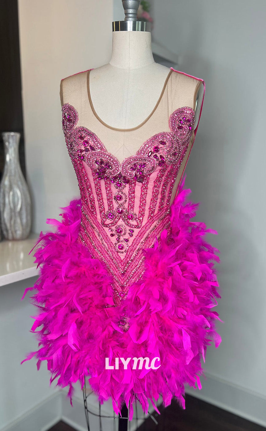 LY307 - Scoop Appliques Beaded Feathered Short Homecoming Dress for Black Girls