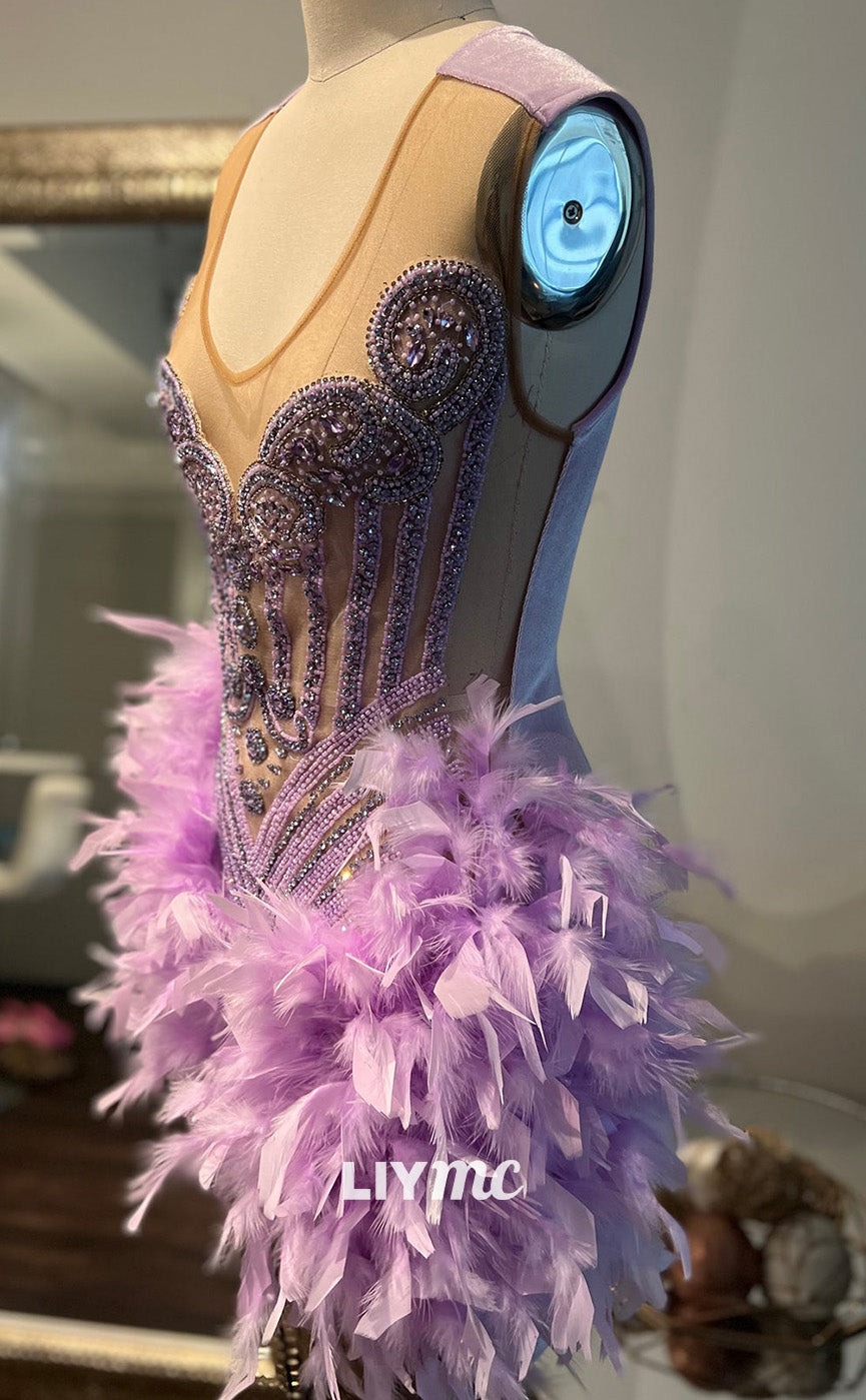 LY307 - Scoop Appliques Beaded Feathered Short Homecoming Dress for Black Girls