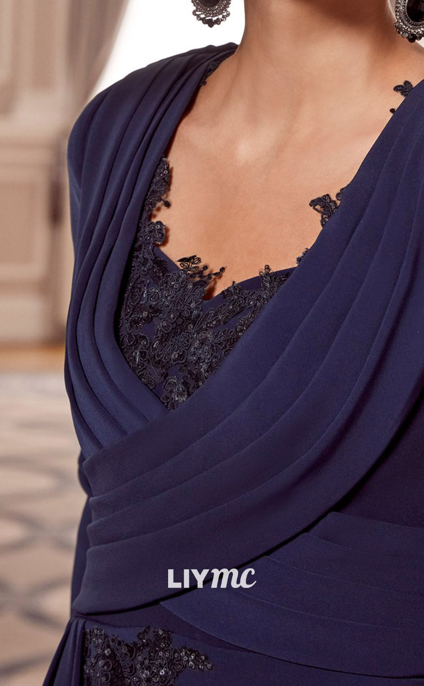 M1157 - Scoop Appliques Ruffled Long Sleeves Pleated Mother of Bride Wedding Guest Dress