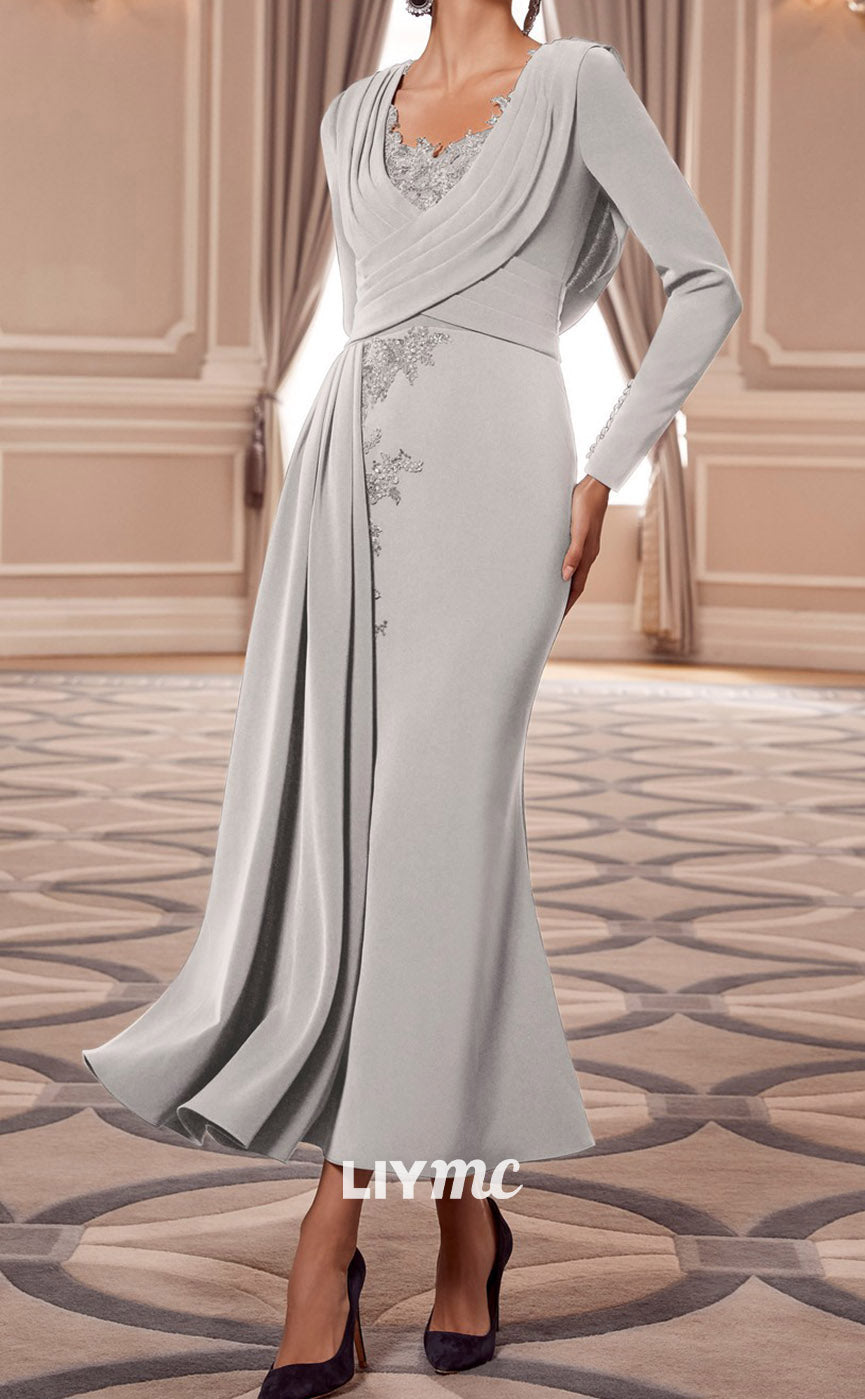 M1157 - Scoop Appliques Ruffled Long Sleeves Pleated Mother of Bride Wedding Guest Dress