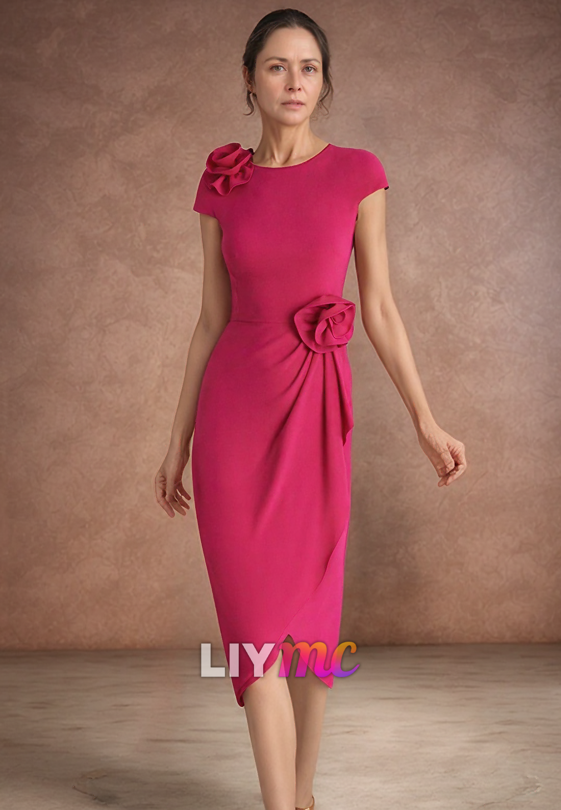 Scoop Cap Sleeves 3D Floral Ruched Sheath Cocktail Dress Mother of Bride Dress