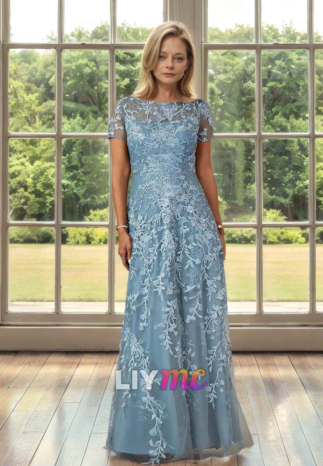 M1087 - Column Mother of the Bride Dress Jewel Neck Floor Length Lace Liymc M1087 - Column Mother of the Bride Dress Jewel Neck Floor Length Lace Liymc