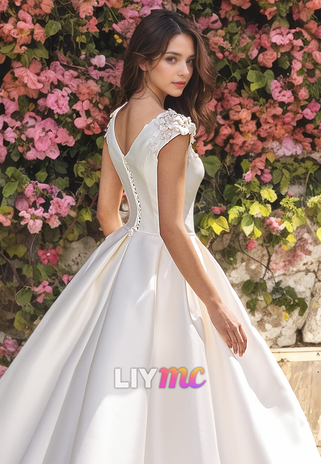 LW909 - Scoop Cap Sleeves Floral Embellished A-Line Sleek Satin Wedding Dress