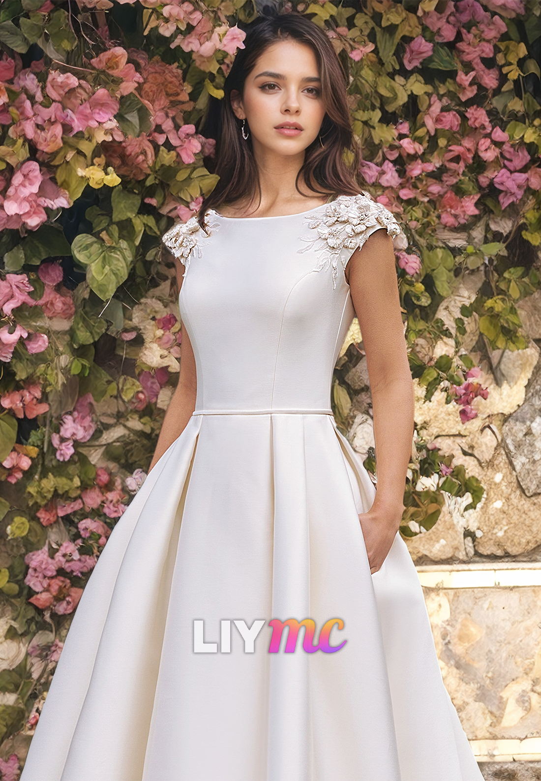 LW909 - Scoop Cap Sleeves Floral Embellished A-Line Sleek Satin Wedding Dress