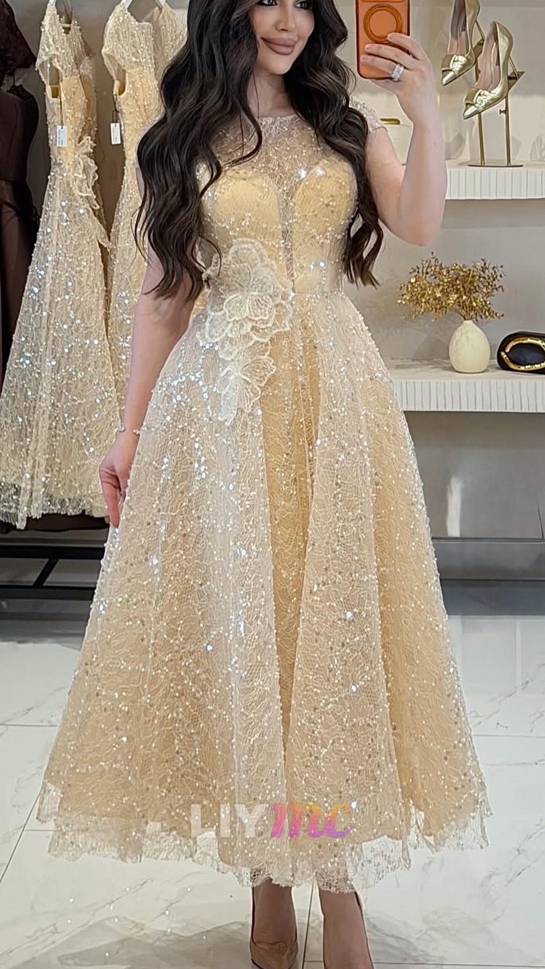 Scoop Cap Sleeves Beaded Embroidery Sparkly A-Line Prom Dress