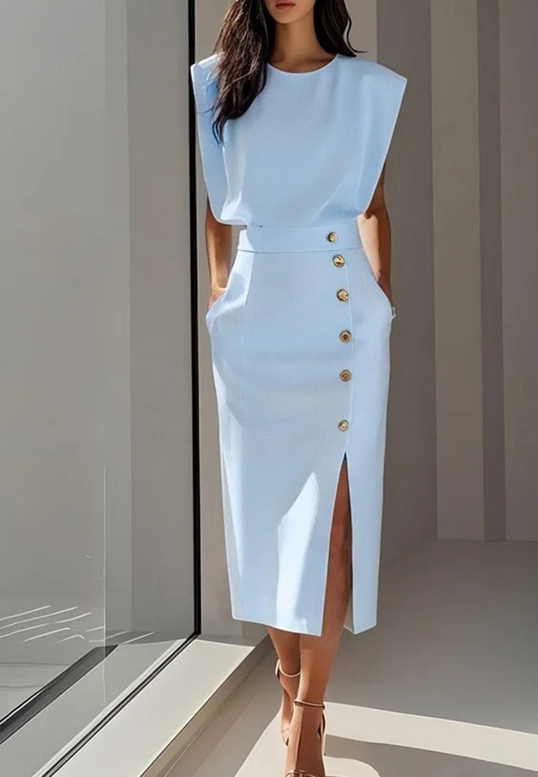 Scoop Cap Sleeves Button Sheath Tea-Length Work Dress
