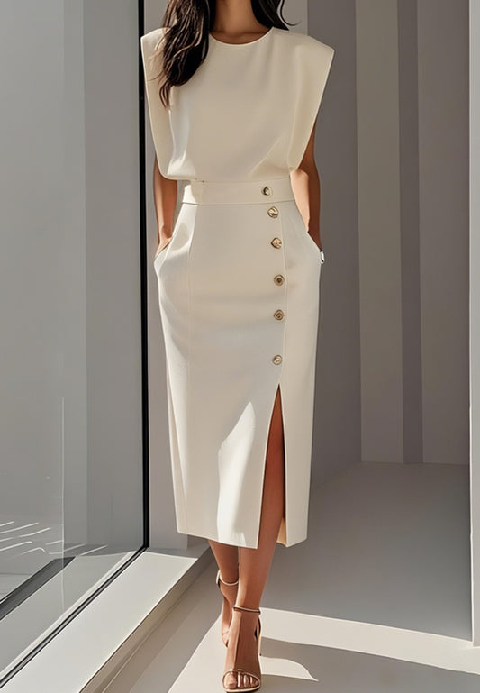 Scoop Cap Sleeves Button Sheath Tea-Length Work Dress