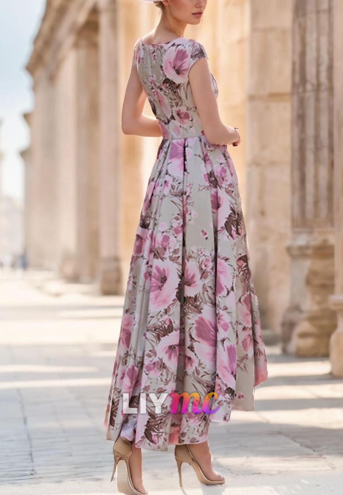 Scoop Cap Sleeves Floral Printed A-Line Mother of Bride Dress