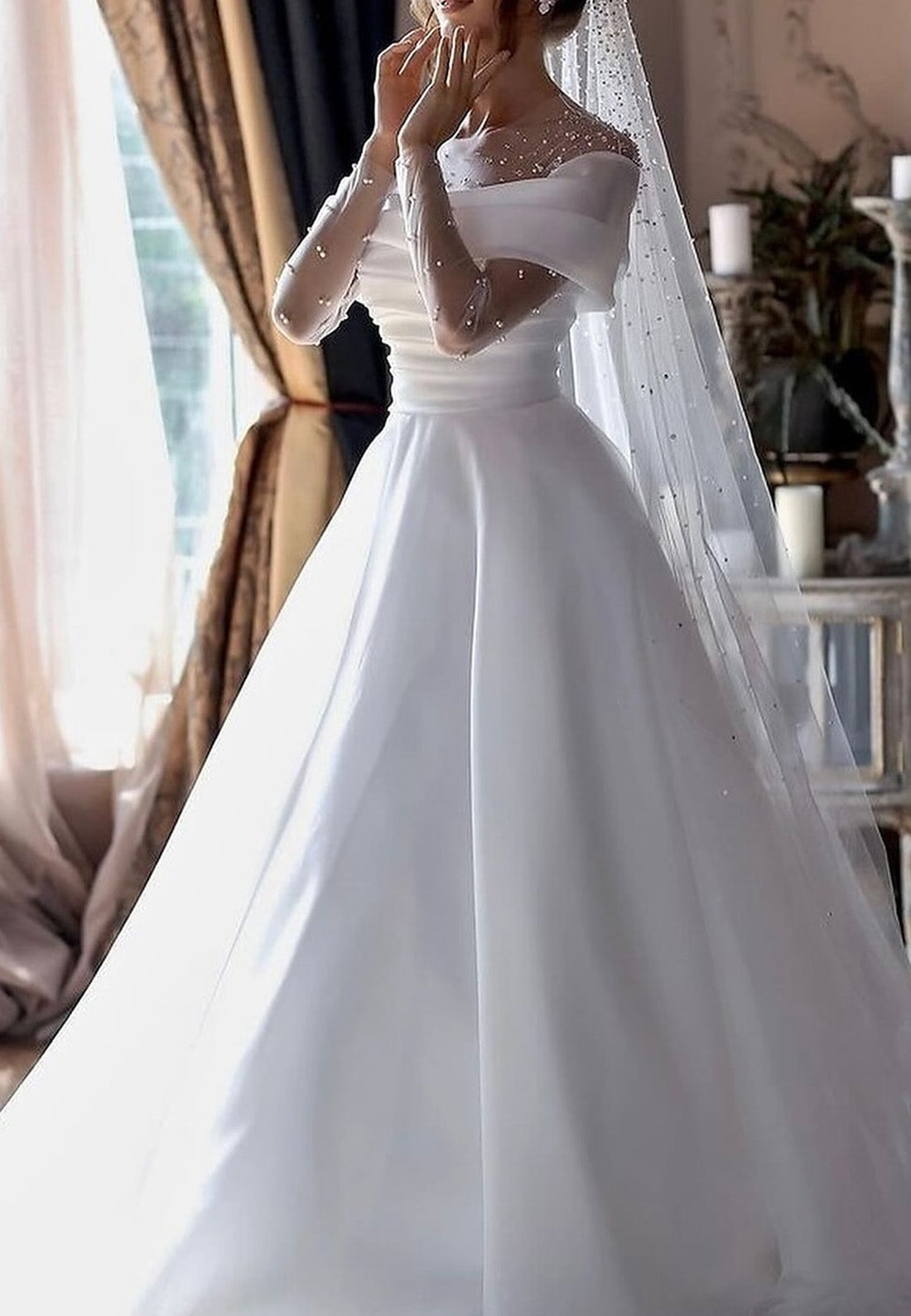 Scoop Cap Sleeves Pearl Sleek A-Line Satin Wedding Dress