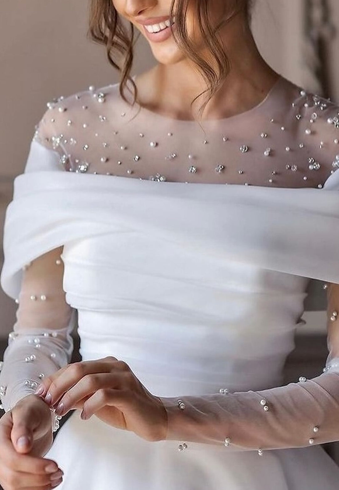 Scoop Cap Sleeves Pearl Sleek A-Line Satin Wedding Dress