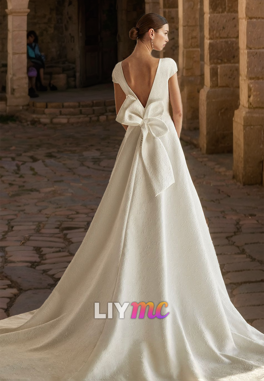 Scoop Cap Sleeves Sleek Bowknot A-Line Satin Wedding Dress