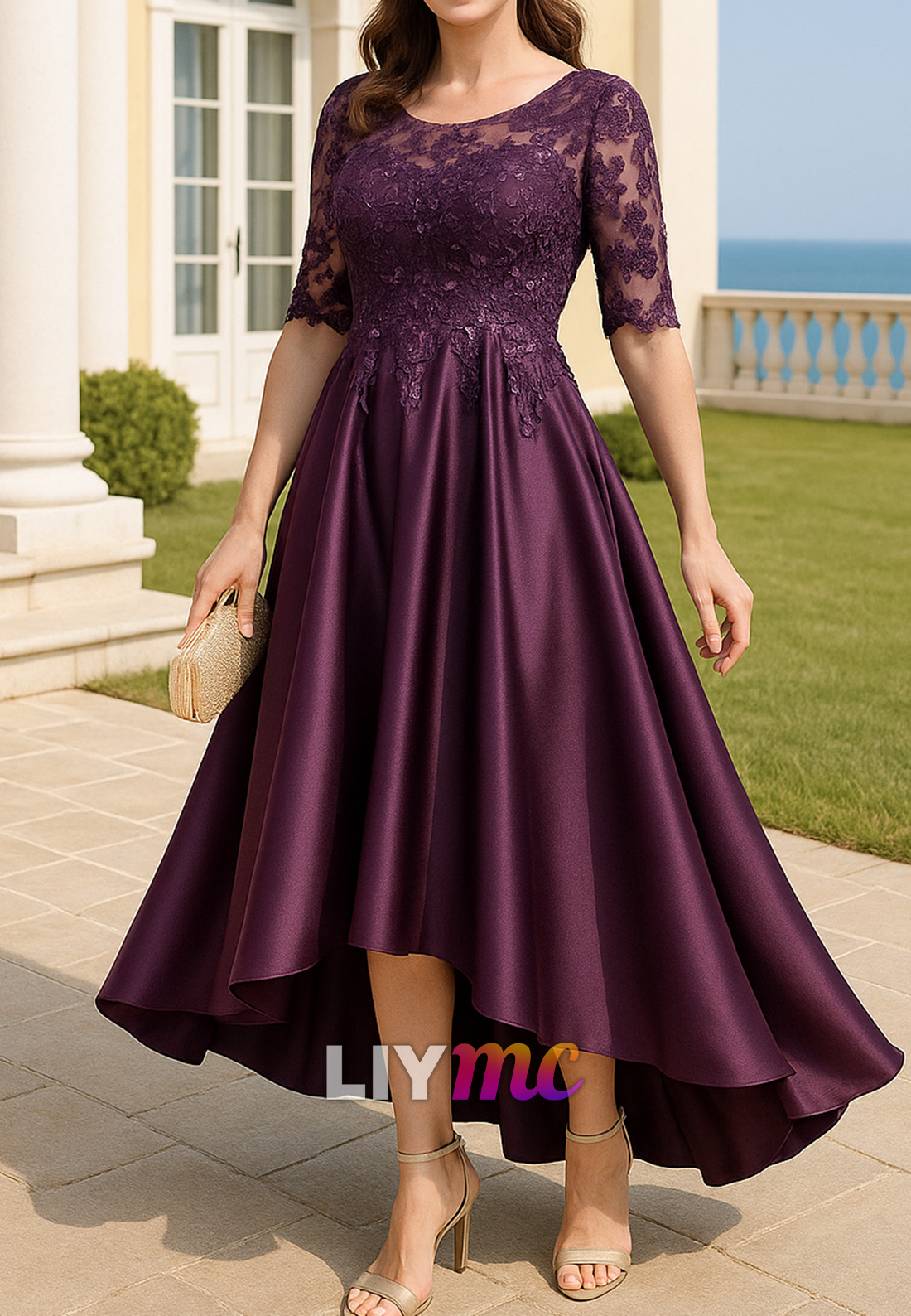 Scoop Half Sleeves Appliques A-Line Mother of Bride Dress