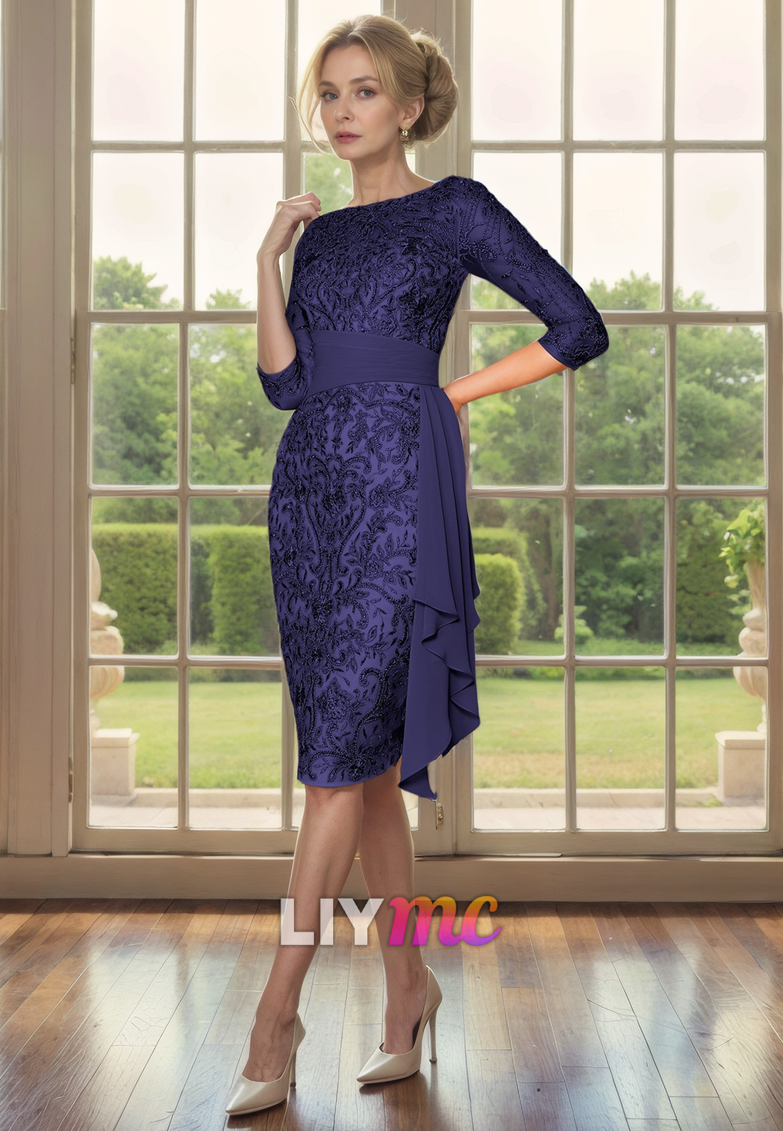 Scoop Half Sleeves Appliques Sheath Knee-Lenght Mother of Bride Dress Cocktail Dress